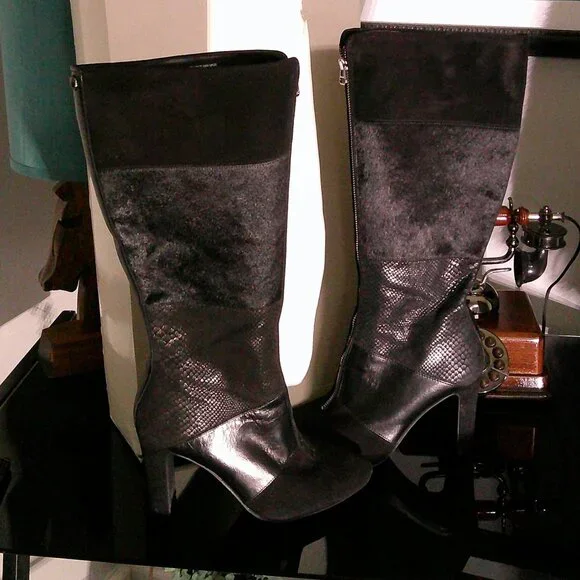 Anne Klein AK7 JamieLee Mixed Media Knee High Boots | Hair Calf Leather | Size 9 - Picture 5 of 11